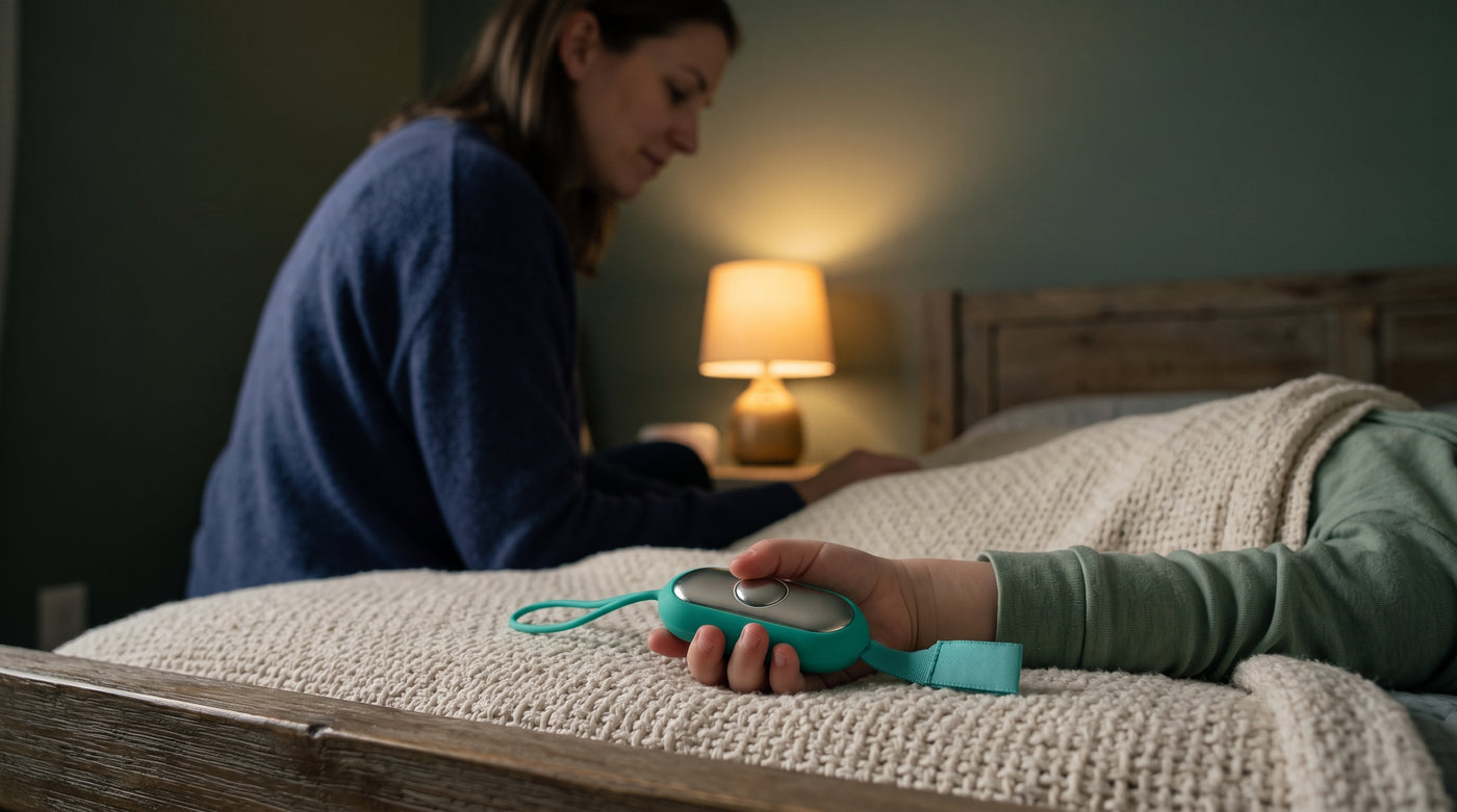 Mutter sitzt abends am Bett, Kind hält HandHold in der Hand